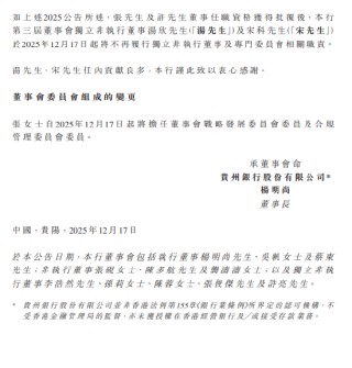 贵州银行：张砚、张俊杰及许亮担任董事的任职资格获监管核准