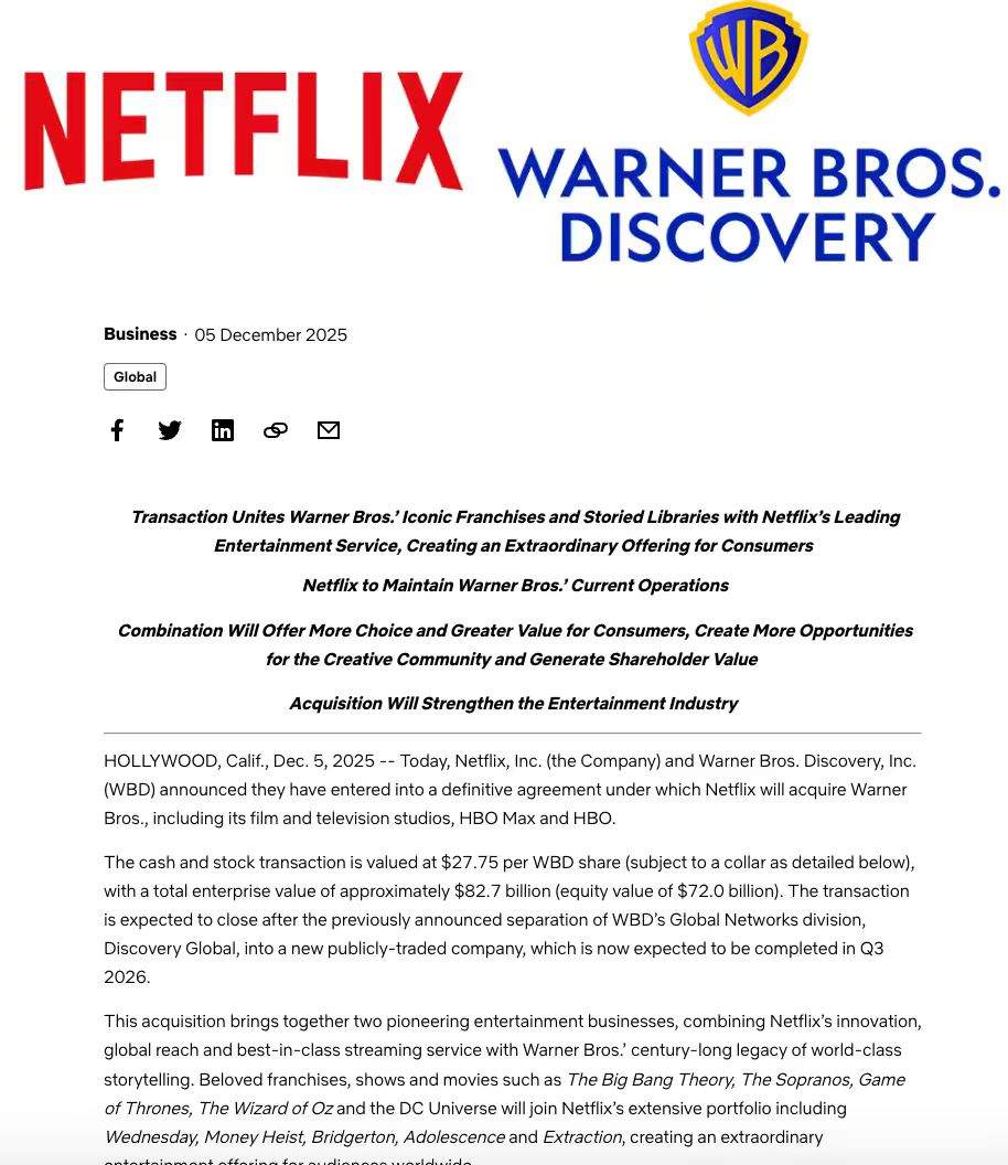 要花超5000亿元!奈飞豪买华纳影视资产,好莱坞打工人和院线老板集体掀桌 第2张 要花超5000亿元!奈飞豪买华纳影视资产,好莱坞打工人和院线老板集体掀桌 第2张