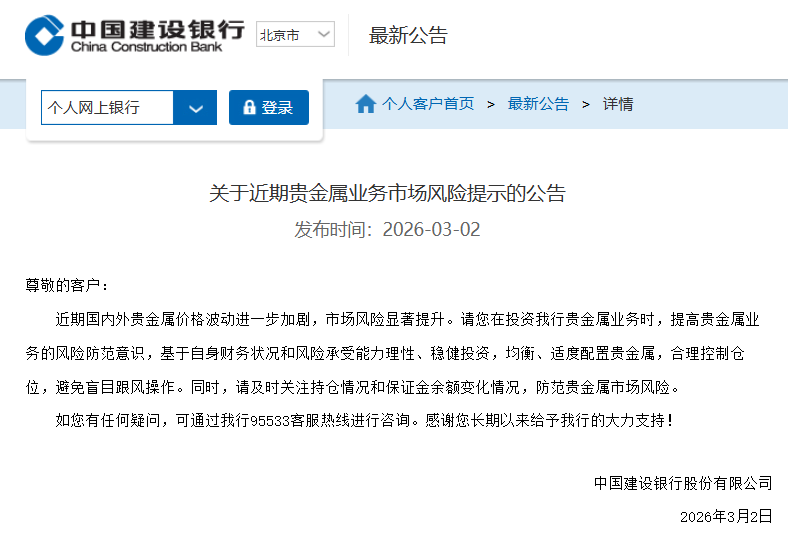 建设银行提示贵金属业务市场风险  第1张